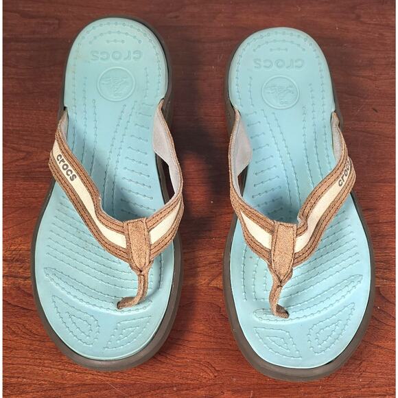 Crocs Sandals Womens Sz 10 Flip Flop Thong Brown Suede Toe Post Slip On Comfort - Picture 5 of 9